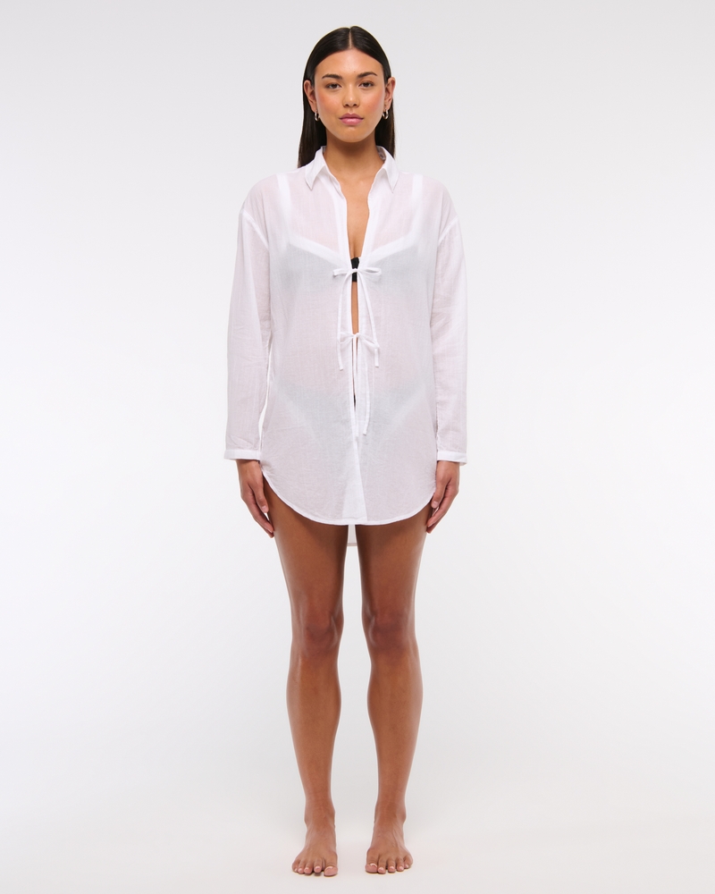 Tie-Front Shirt Dress Coverup(white,XXS)