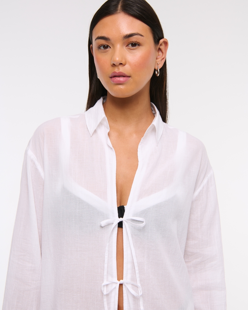 Tie-Front Shirt Dress Coverup(white,XXS)