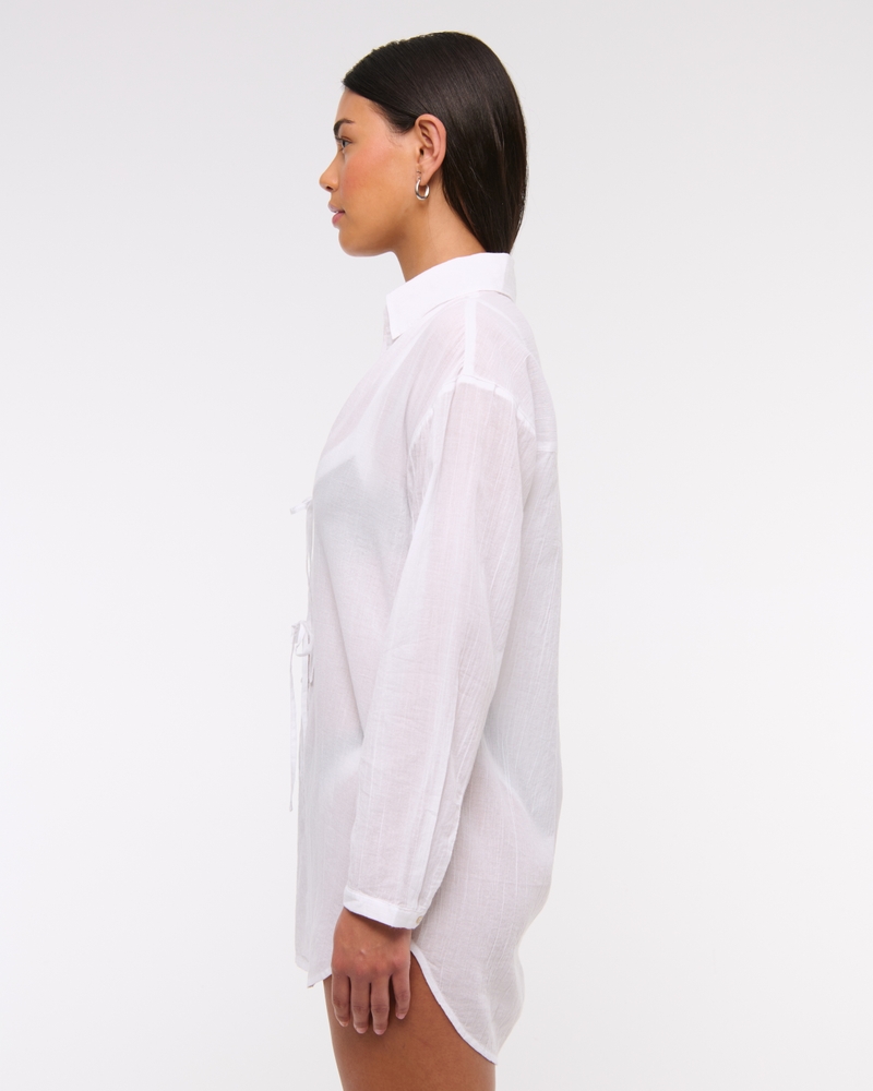 Tie-Front Shirt Dress Coverup(white,XXS)