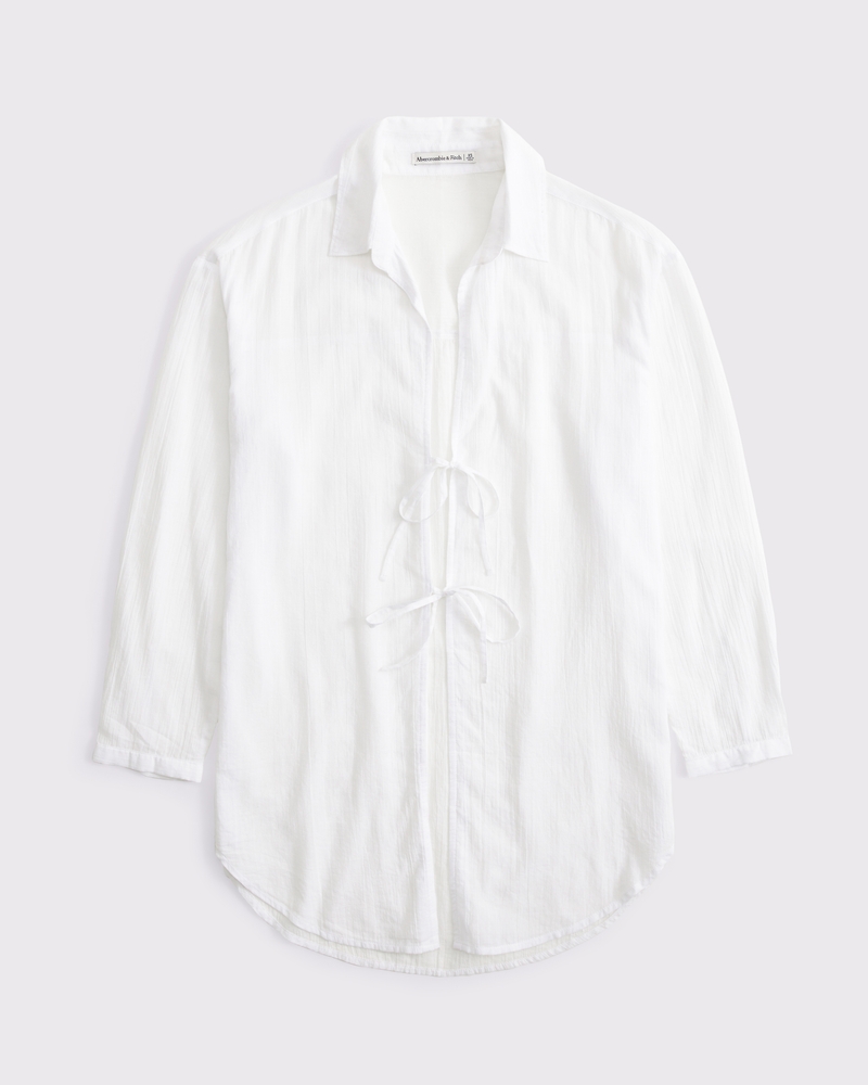 Tie-Front Shirt Dress Coverup(white,XXS)