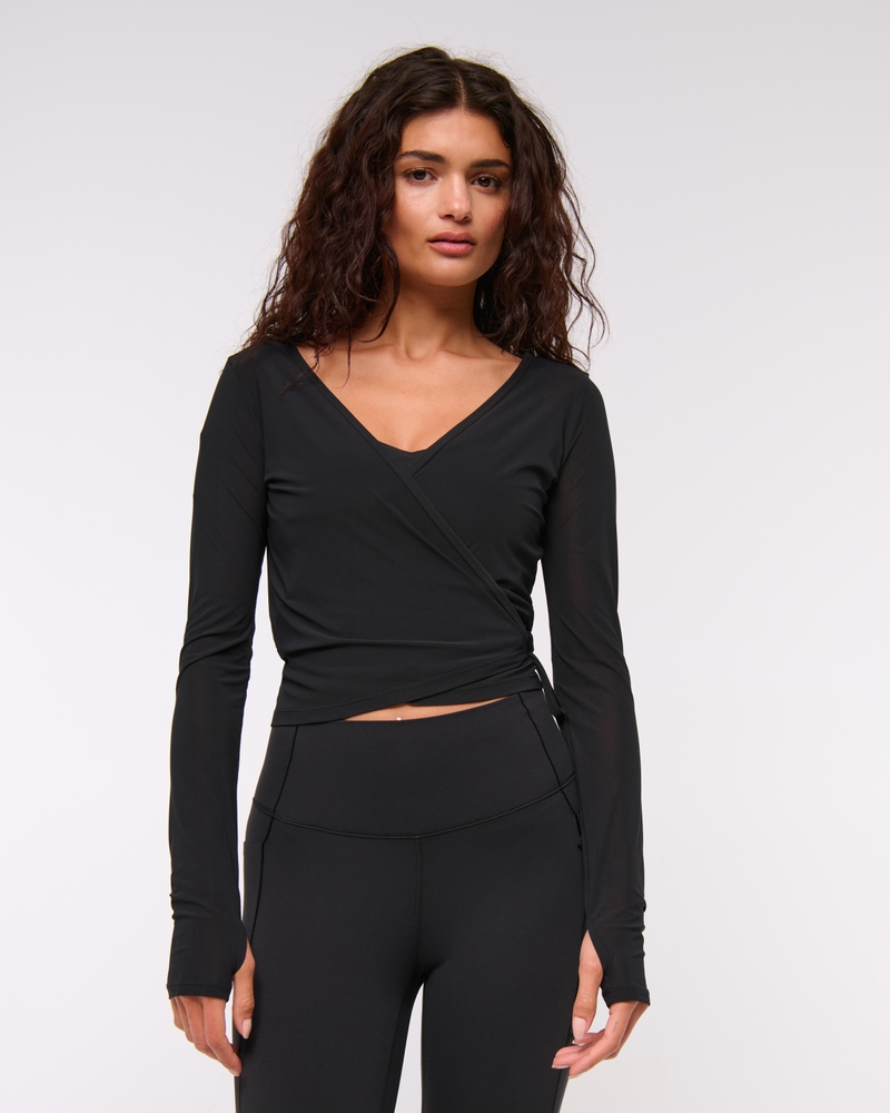 YPB Mesh Long-Sleeve Wrap Top(black,XXS)