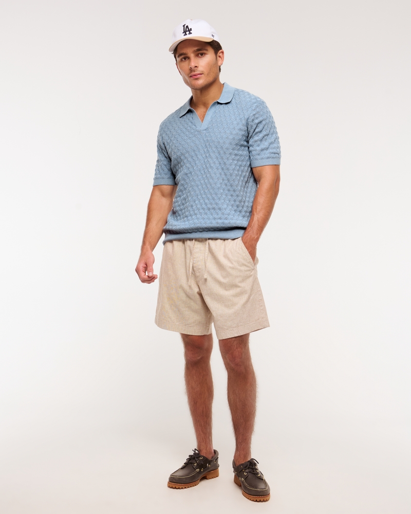 Pointelle Stitch Johnny Collar Sweater Polo(light blue,XS)