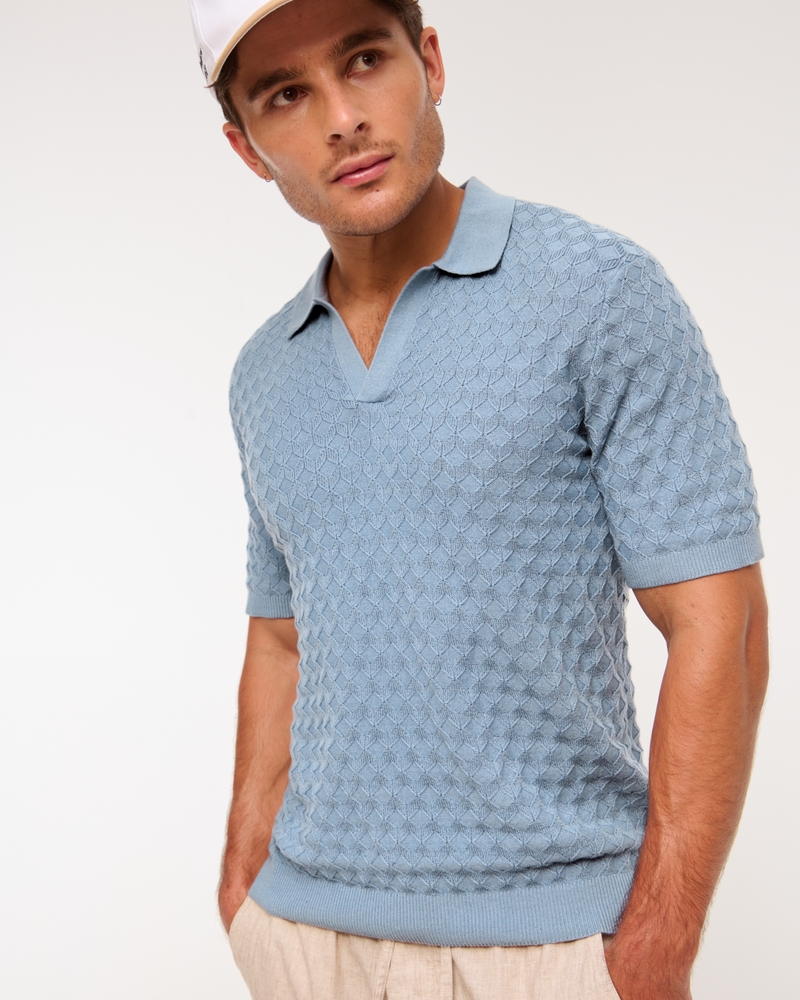 Pointelle Stitch Johnny Collar Sweater Polo(light blue,XS)