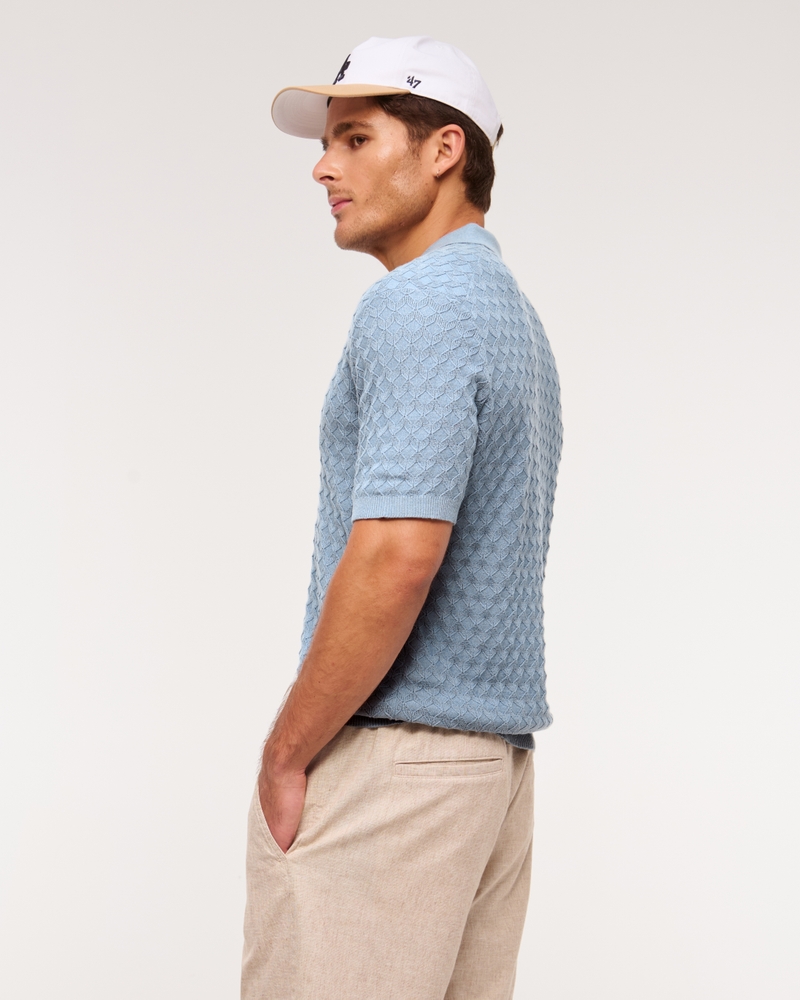 Pointelle Stitch Johnny Collar Sweater Polo(light blue,XS)