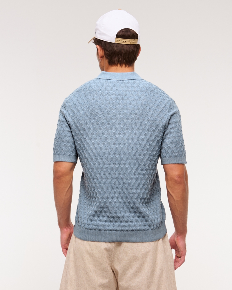 Pointelle Stitch Johnny Collar Sweater Polo(light blue,XS)