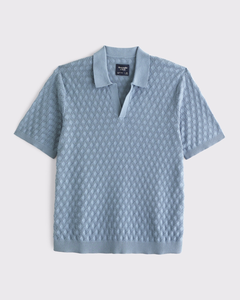 Pointelle Stitch Johnny Collar Sweater Polo(light blue,XS)