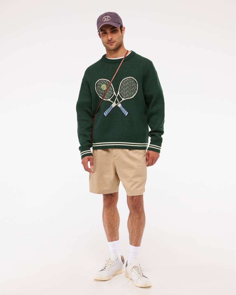 Oversized Tennis Racket Graphic Crew Sweater(deep green,XS)