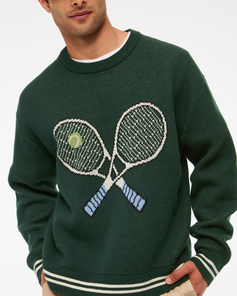 Oversized Tennis Racket Graphic Crew Sweater(deep green,XS)