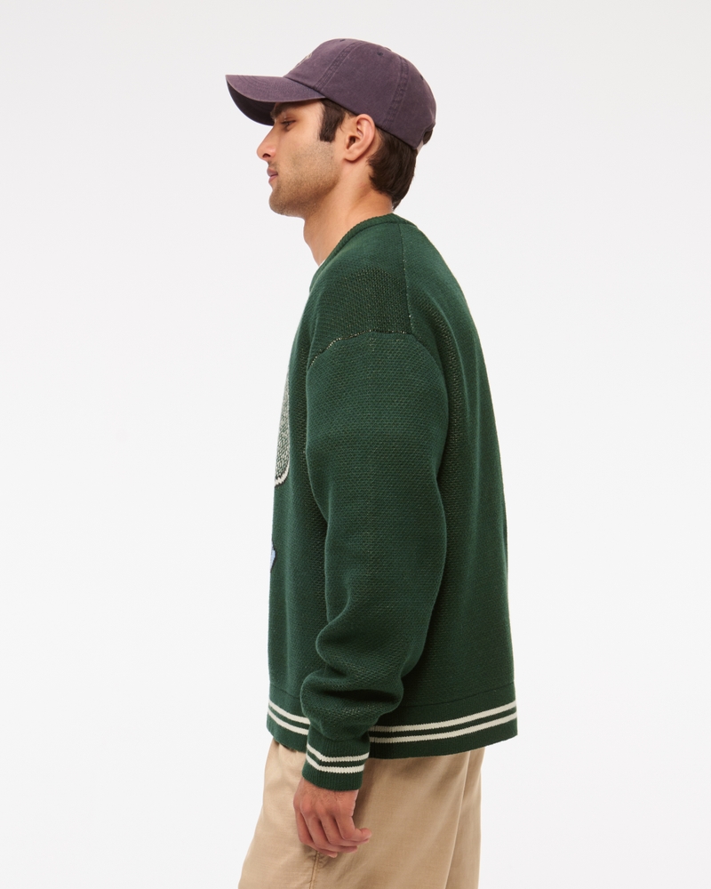 Oversized Tennis Racket Graphic Crew Sweater(deep green,XS)
