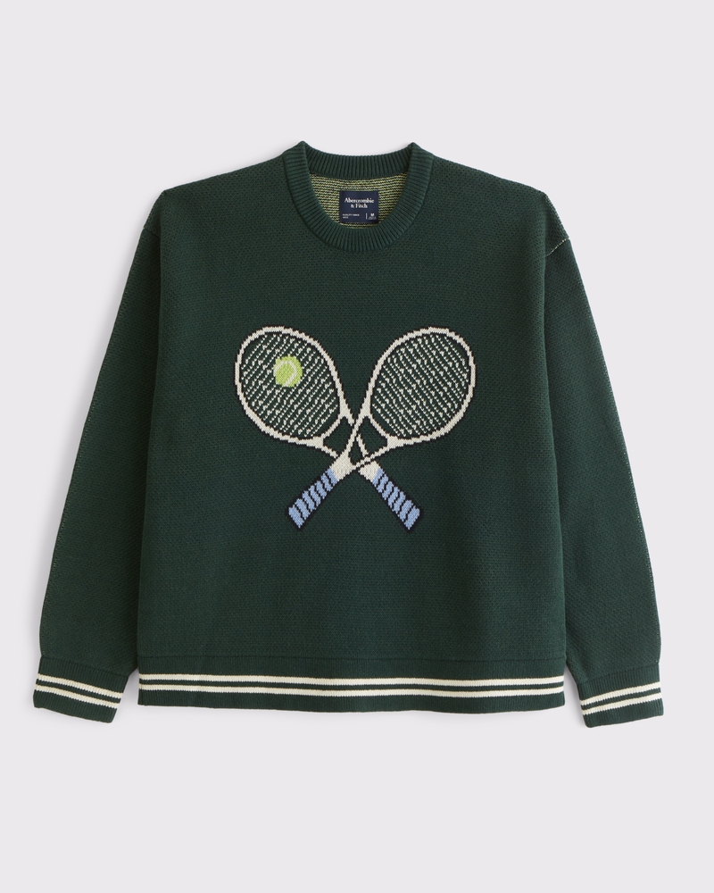 Oversized Tennis Racket Graphic Crew Sweater(deep green,XS)