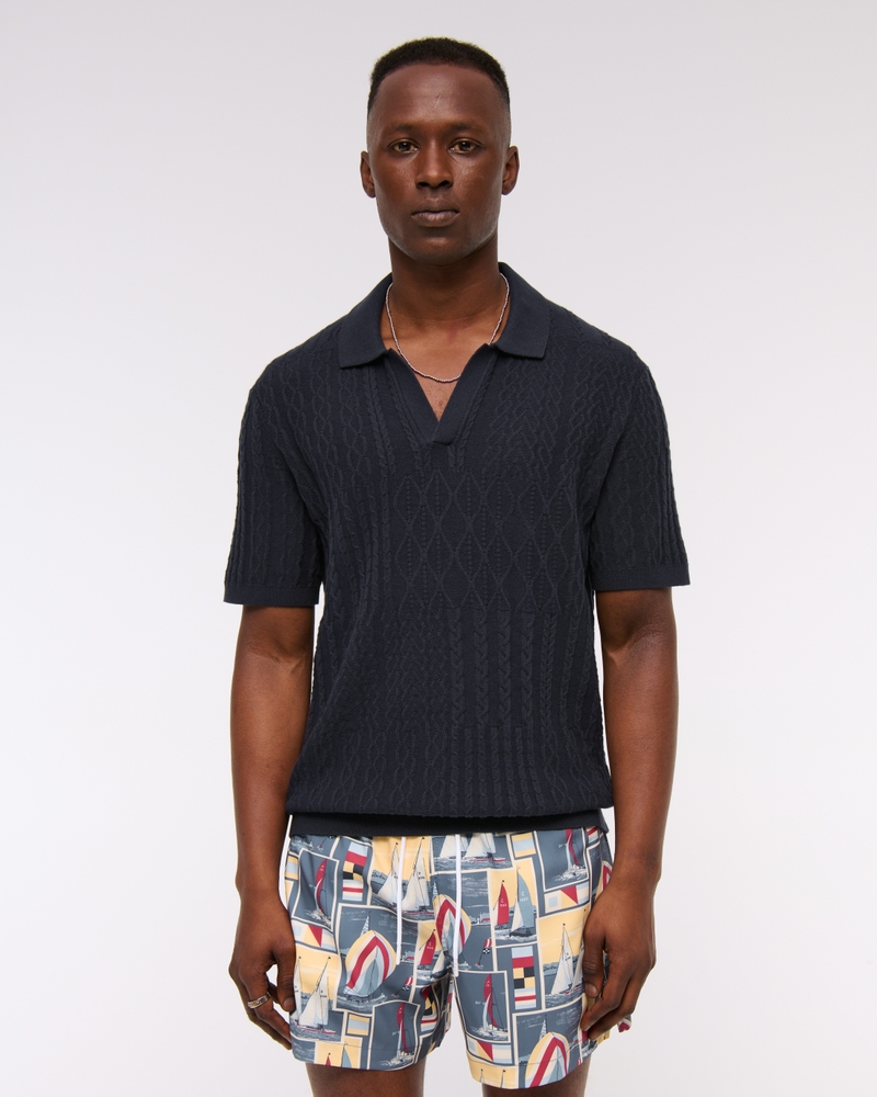 Cable Patchwork Johnny Collar Sweater Polo