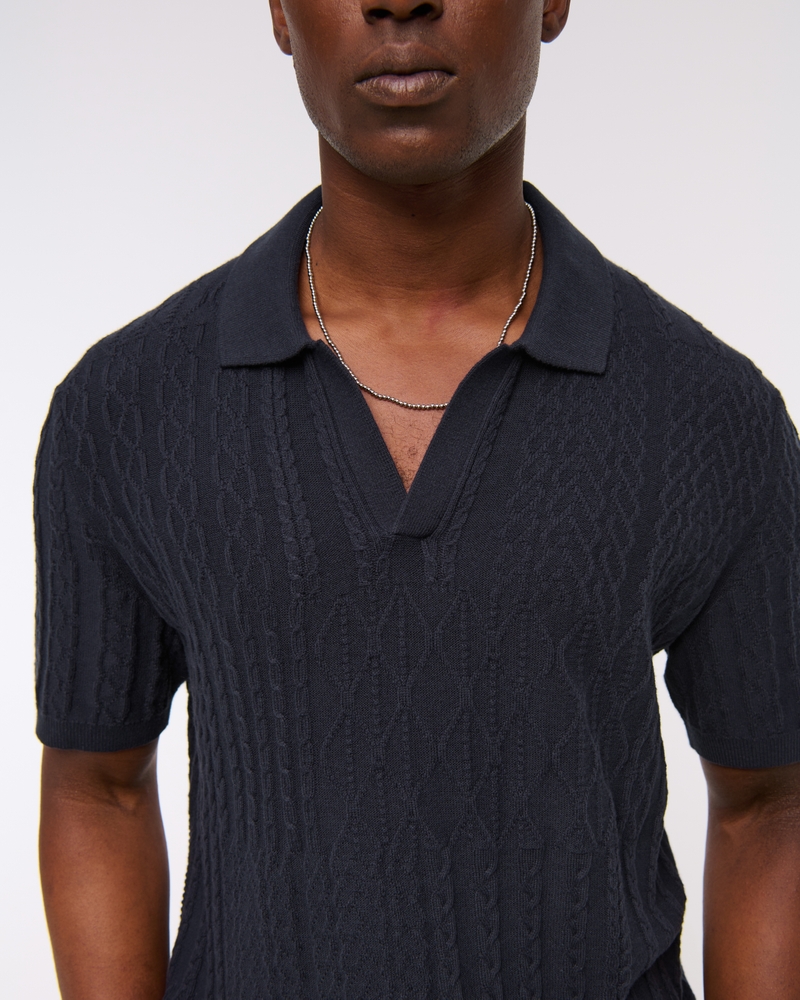 Cable Patchwork Johnny Collar Sweater Polo(navy,XS)