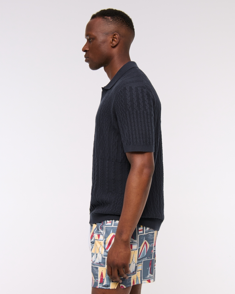 Cable Patchwork Johnny Collar Sweater Polo(navy,XS)