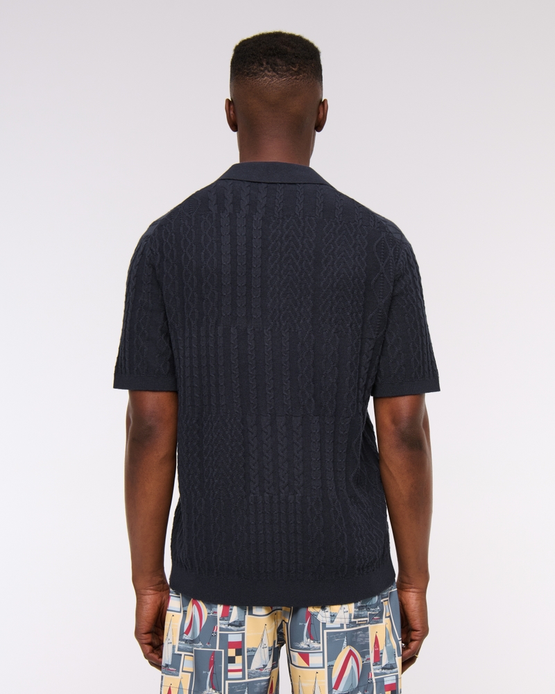 Cable Patchwork Johnny Collar Sweater Polo(navy,XS)