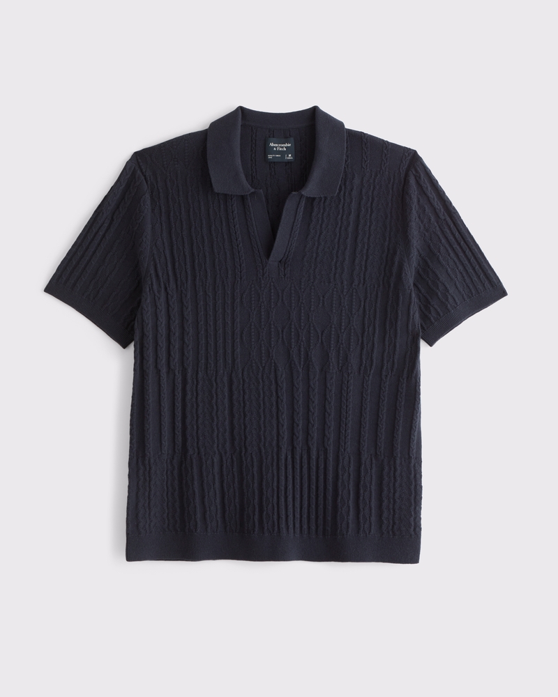 Cable Patchwork Johnny Collar Sweater Polo(navy,XS)
