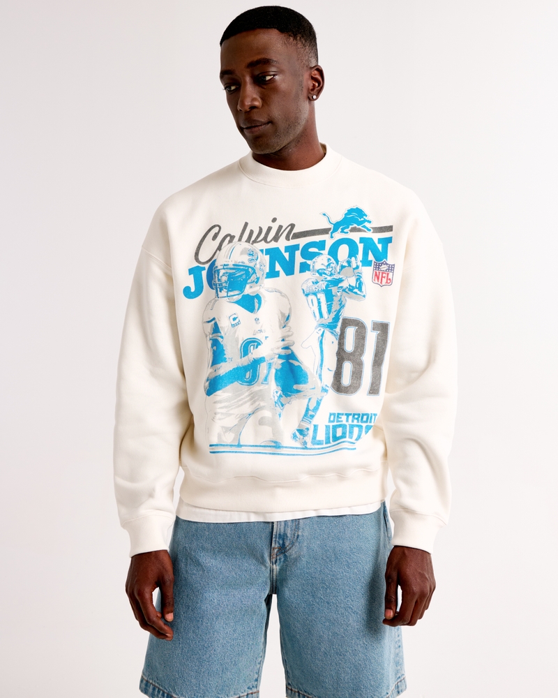 Calvin Johnson Graphic Crew Sweatshirt(cream - lions,XS)