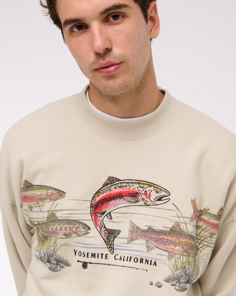 Fishing Graphic Crew Sweatshirt(oatmeal,XS)