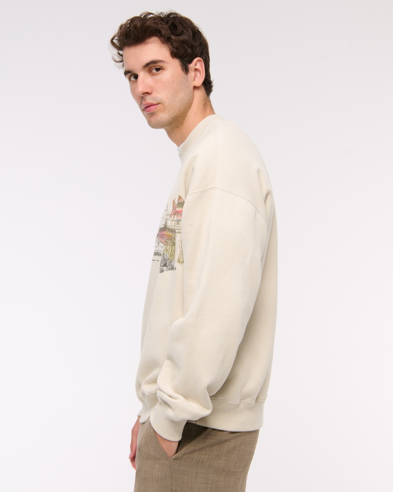 Fishing Graphic Crew Sweatshirt(oatmeal,XS)