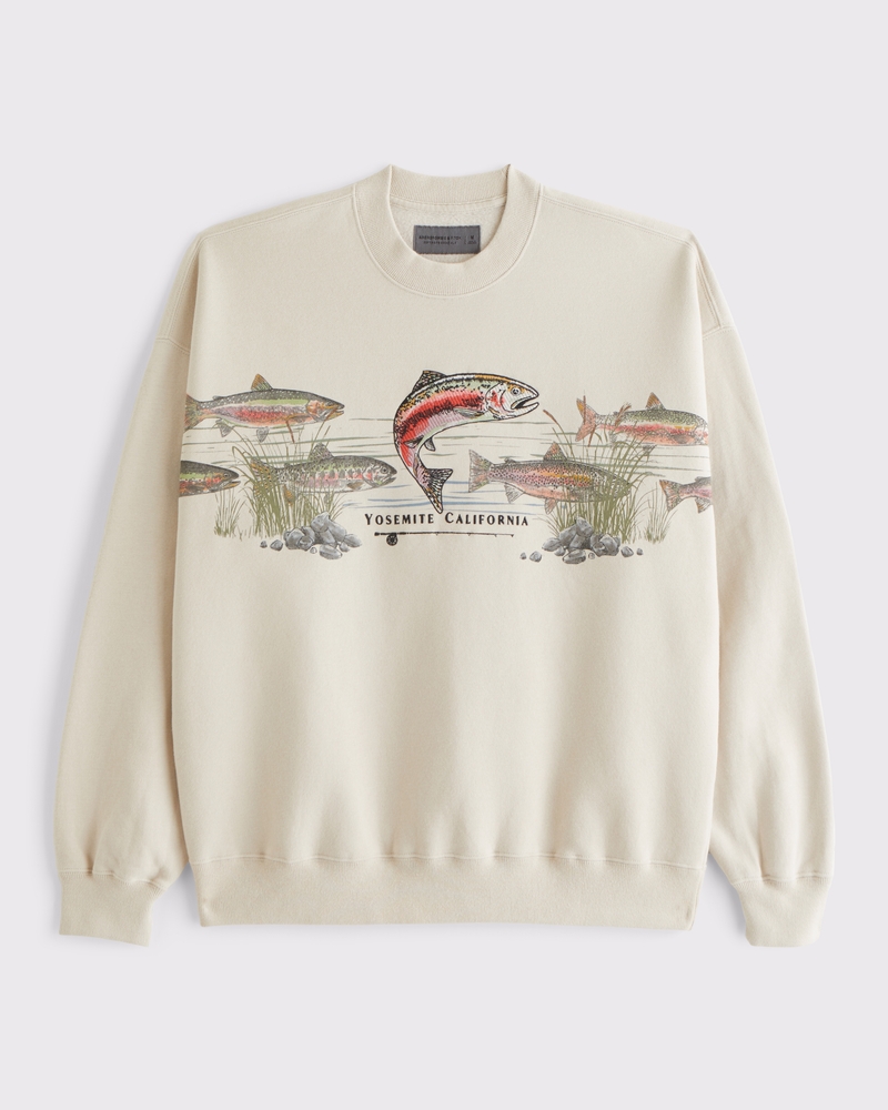 Fishing Graphic Crew Sweatshirt(oatmeal,XS)