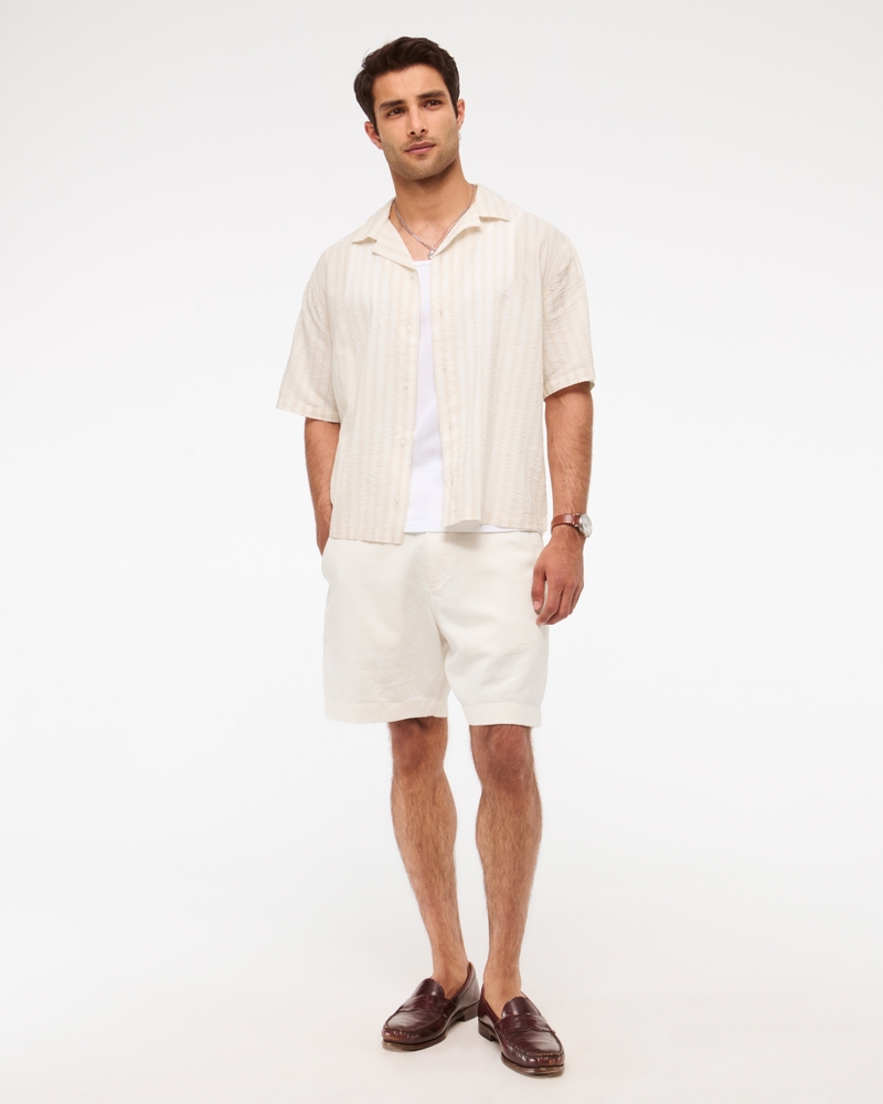 Camp Collar Cropped Seersucker Shirt(cream stripe,XS)