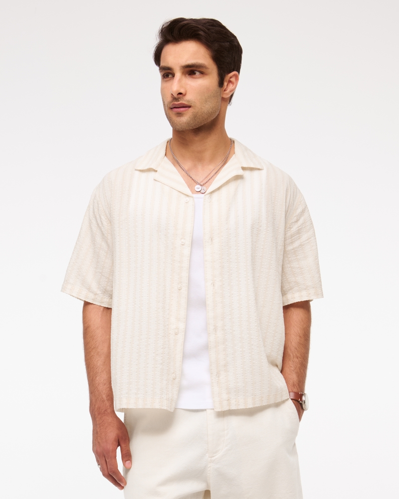Camp Collar Cropped Seersucker Shirt(cream stripe,XS)