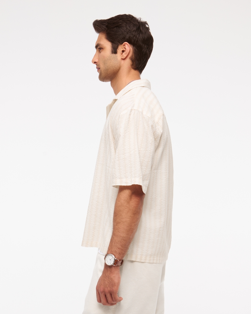 Camp Collar Cropped Seersucker Shirt(cream stripe,XS)