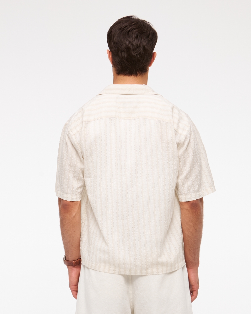 Camp Collar Cropped Seersucker Shirt(cream stripe,XS)