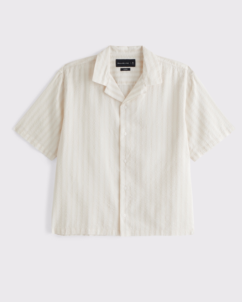 Camp Collar Cropped Seersucker Shirt(cream stripe,XS)