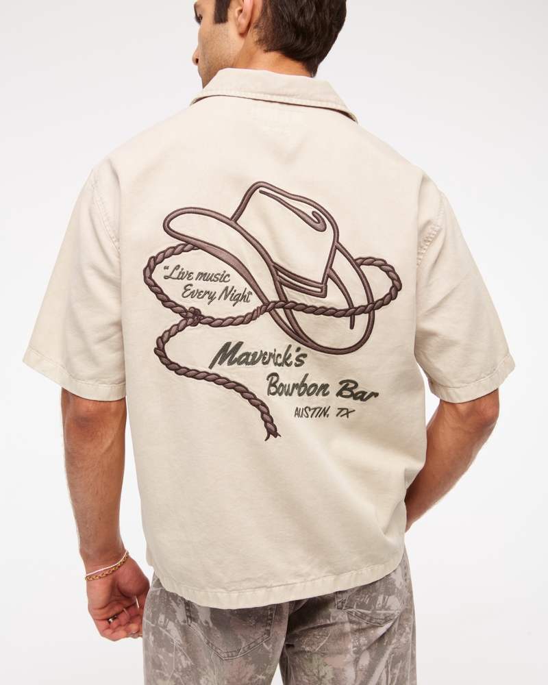 Short Sleeve Cropped Western Graphic Button-Up Shirt(beige,XS)