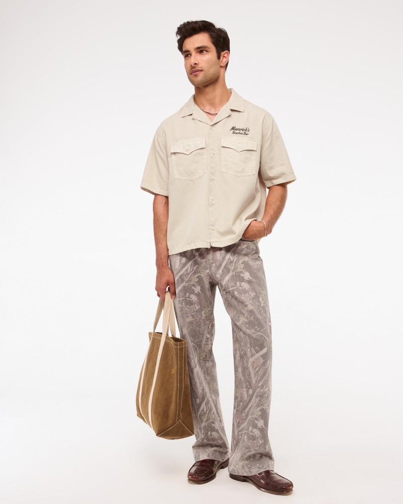 Short Sleeve Cropped Western Graphic Button-Up Shirt(beige,XS)