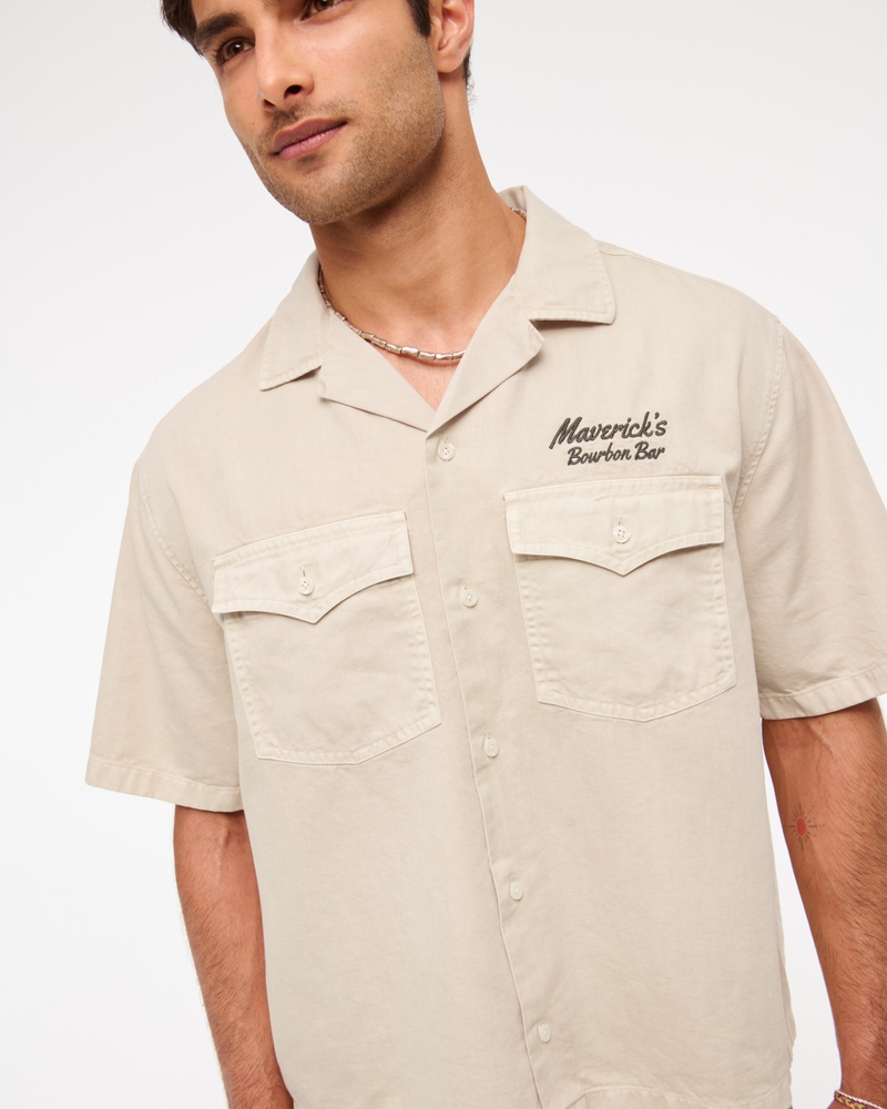 Short Sleeve Cropped Western Graphic Button-Up Shirt(beige,XS)