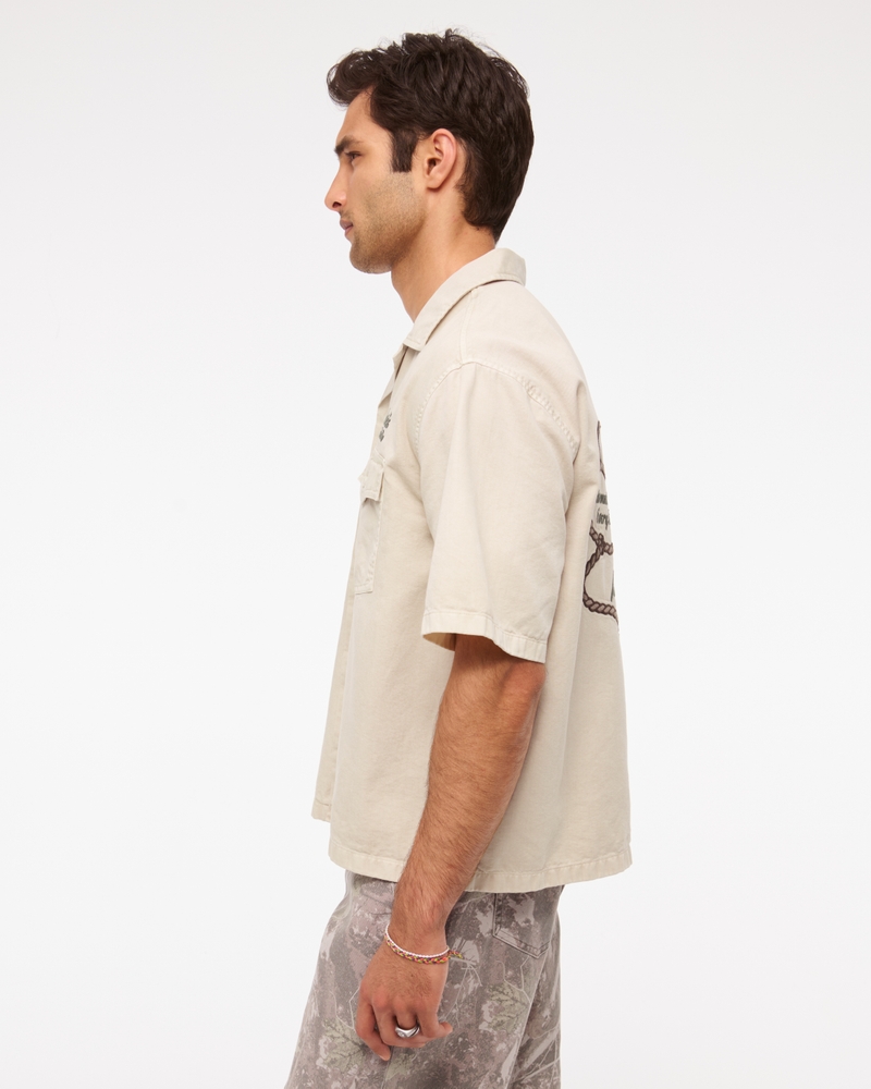 Short Sleeve Cropped Western Graphic Button-Up Shirt(beige,XS)