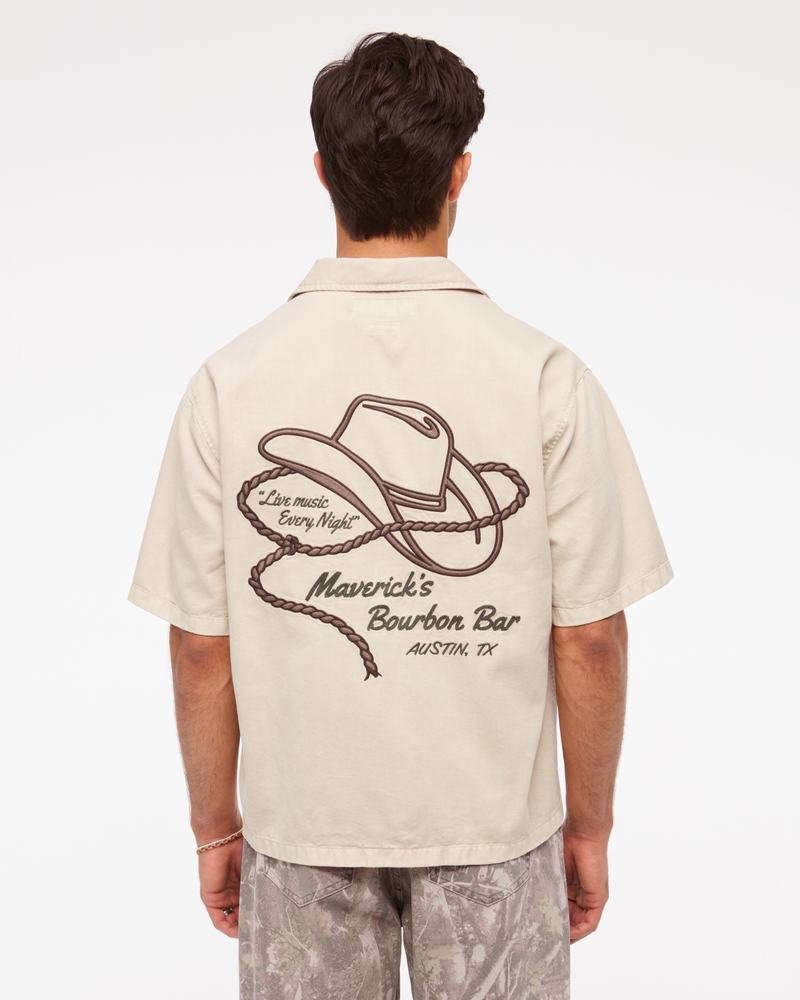 Short Sleeve Cropped Western Graphic Button-Up Shirt(beige,XS)