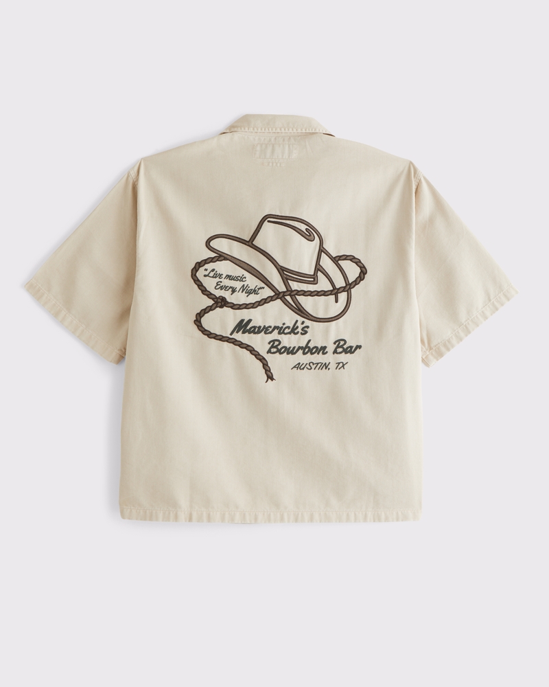 Short Sleeve Cropped Western Graphic Button-Up Shirt(beige,XS)