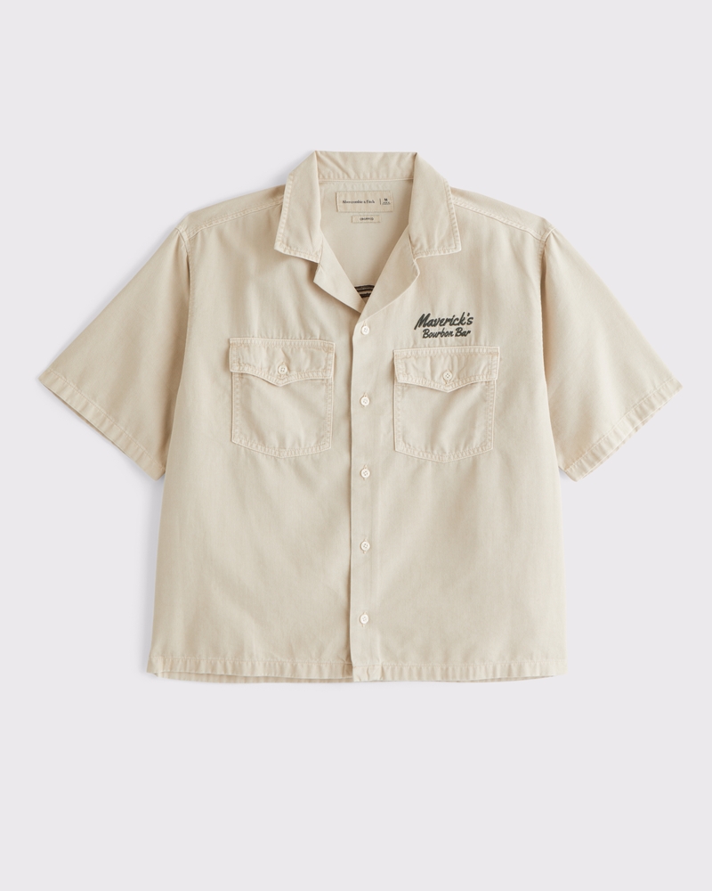 Short Sleeve Cropped Western Graphic Button-Up Shirt(beige,XS)