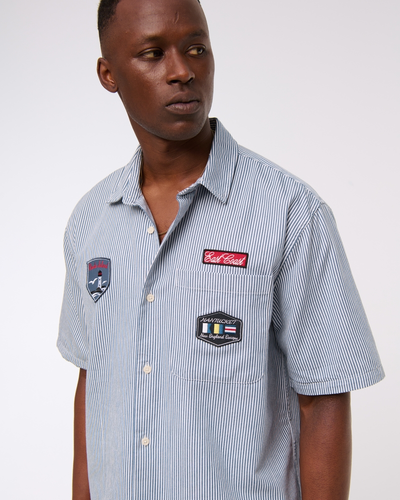 Short Sleeve Cropped Graphic Workwear Button-Up Shirt(navy stripe,XS)
