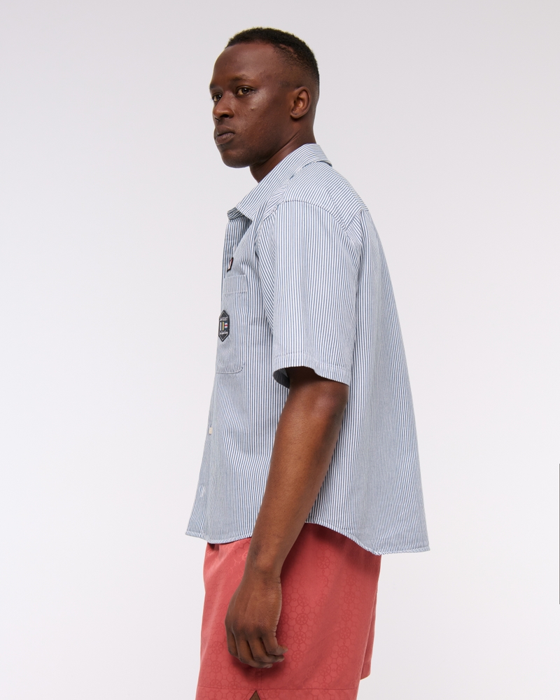 Short Sleeve Cropped Graphic Workwear Button-Up Shirt(navy stripe,XS)