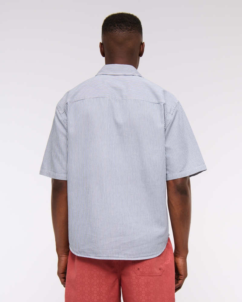 Short Sleeve Cropped Graphic Workwear Button-Up Shirt(navy stripe,XS)