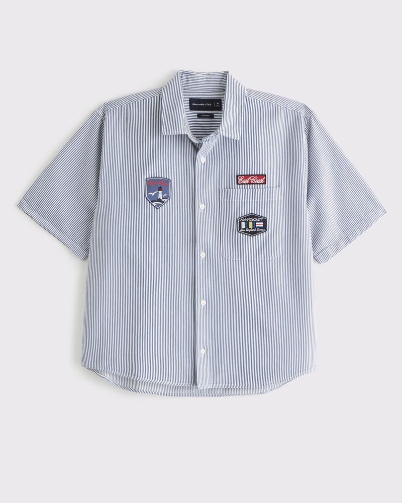 Short Sleeve Cropped Graphic Workwear Button-Up Shirt(navy stripe,XS)
