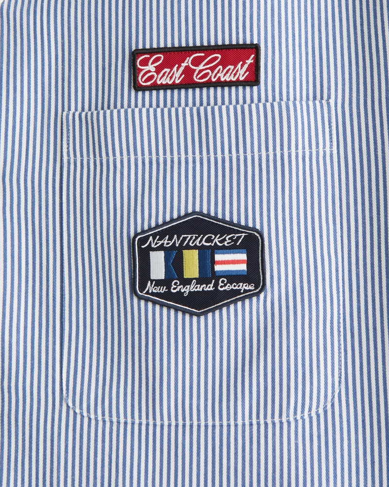 Short Sleeve Cropped Graphic Workwear Button-Up Shirt(navy stripe,XS)