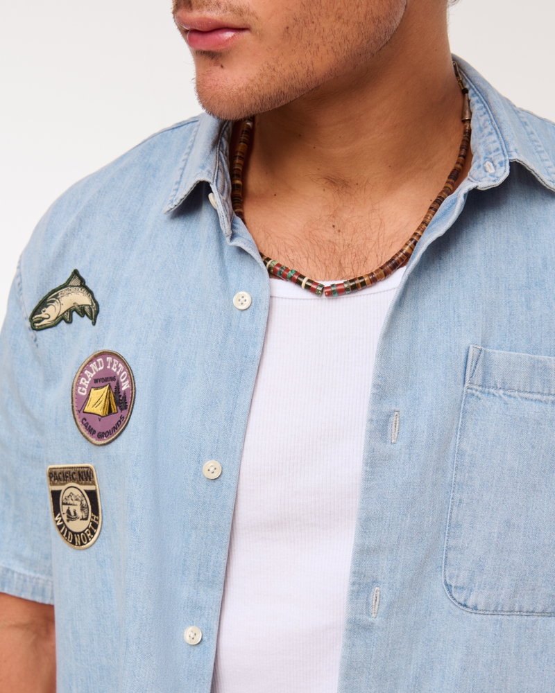 Short Sleeve Cropped Graphic Denim Button-Up Shirt(light blue wash,XS)