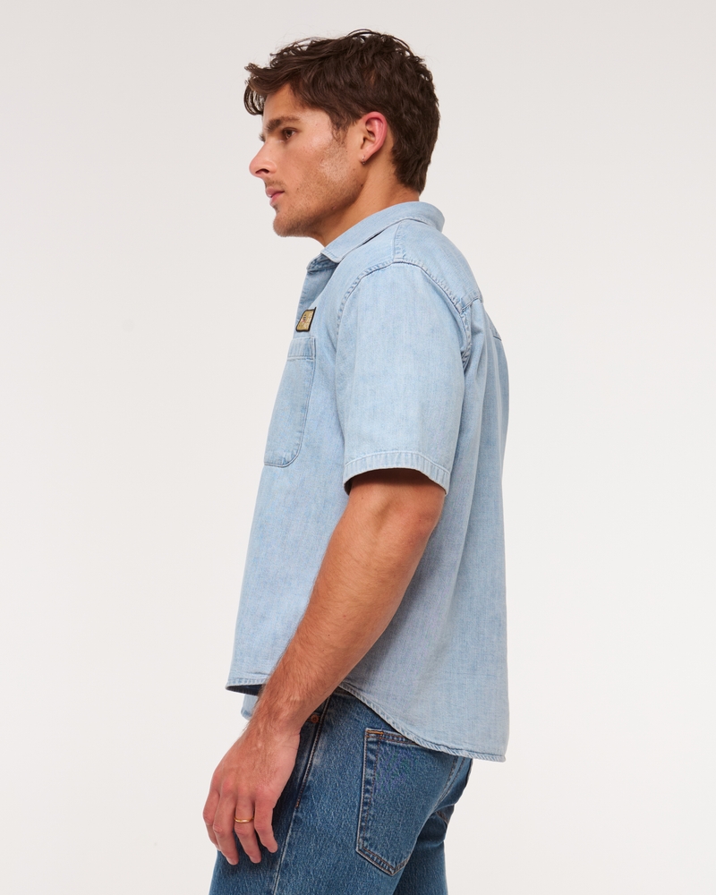 Short Sleeve Cropped Graphic Denim Button-Up Shirt(light blue wash,XS)
