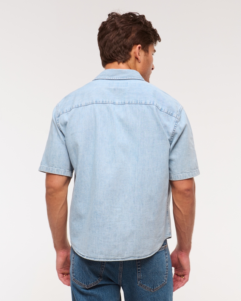 Short Sleeve Cropped Graphic Denim Button-Up Shirt(light blue wash,XS)