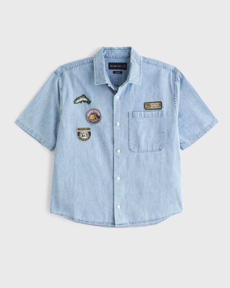 Short Sleeve Cropped Graphic Denim Button-Up Shirt(light blue wash,XS)