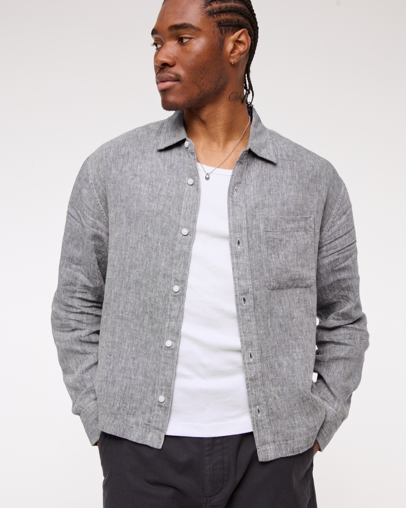 Cropped Linen Button-Up Shirt(chambray,XS)