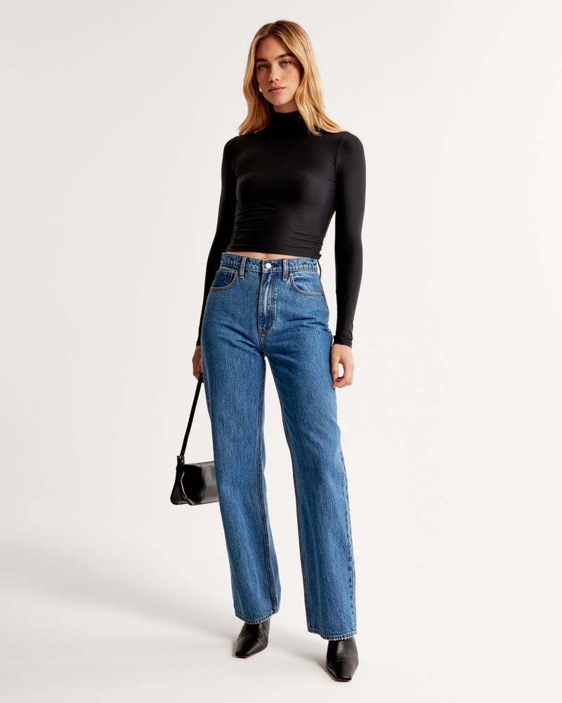 Soft Matte Seamless Long-Sleeve Cropped Mockneck Top(black,XXS)