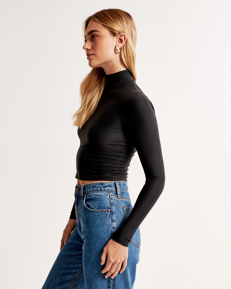 Soft Matte Seamless Long-Sleeve Cropped Mockneck Top(black,XXS)
