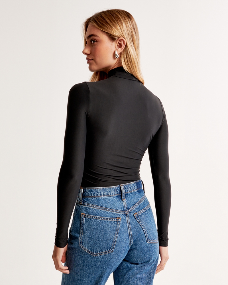 Soft Matte Seamless Long-Sleeve Cropped Mockneck Top(black,XXS)