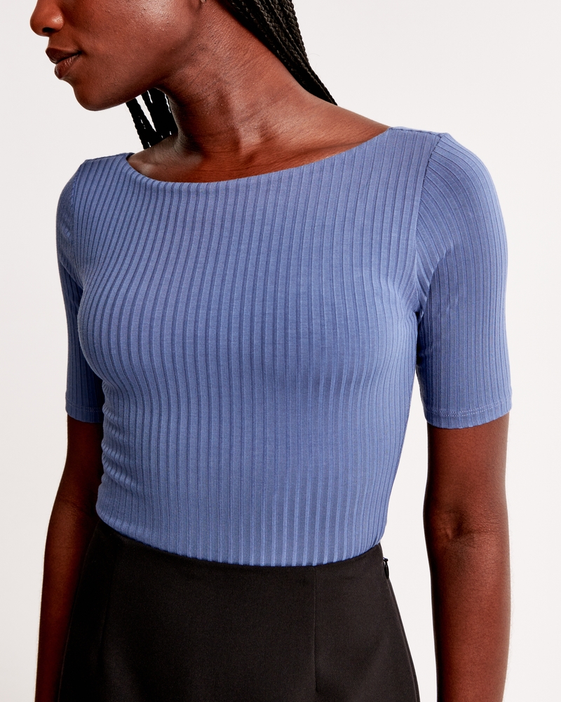Half-Sleeve Wide Rib Boatneck Top(blue,XXS)
