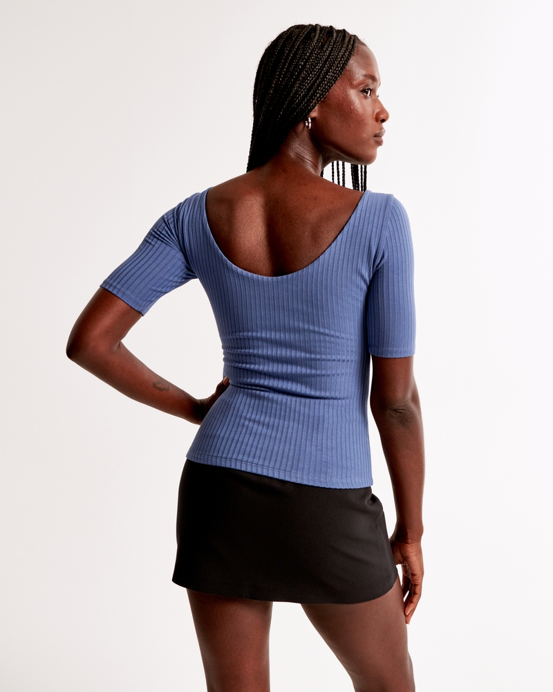 Half-Sleeve Wide Rib Boatneck Top(blue,XXS)